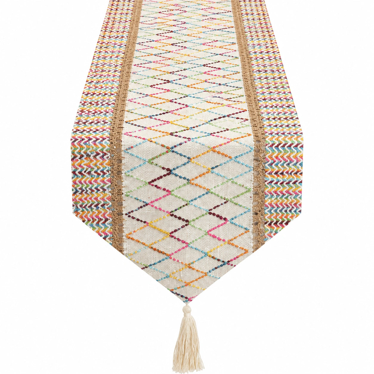 Chemin de table 180 x 33 cm textile écru multicolore tissé à pompons style bohème