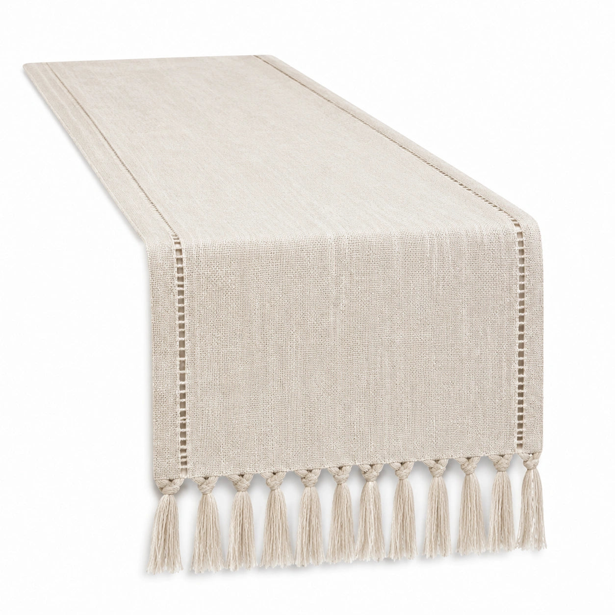 Chemin de table 180 x 35 cm en tissu tissé beige avec franges style naturel