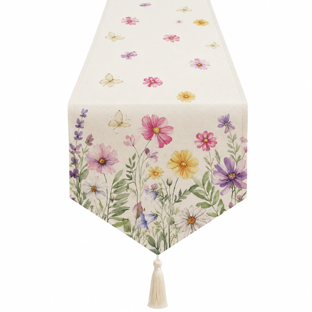 Chemin de table 180 x 33 cm en polyester écru à fleurs avec pompon style champêtre