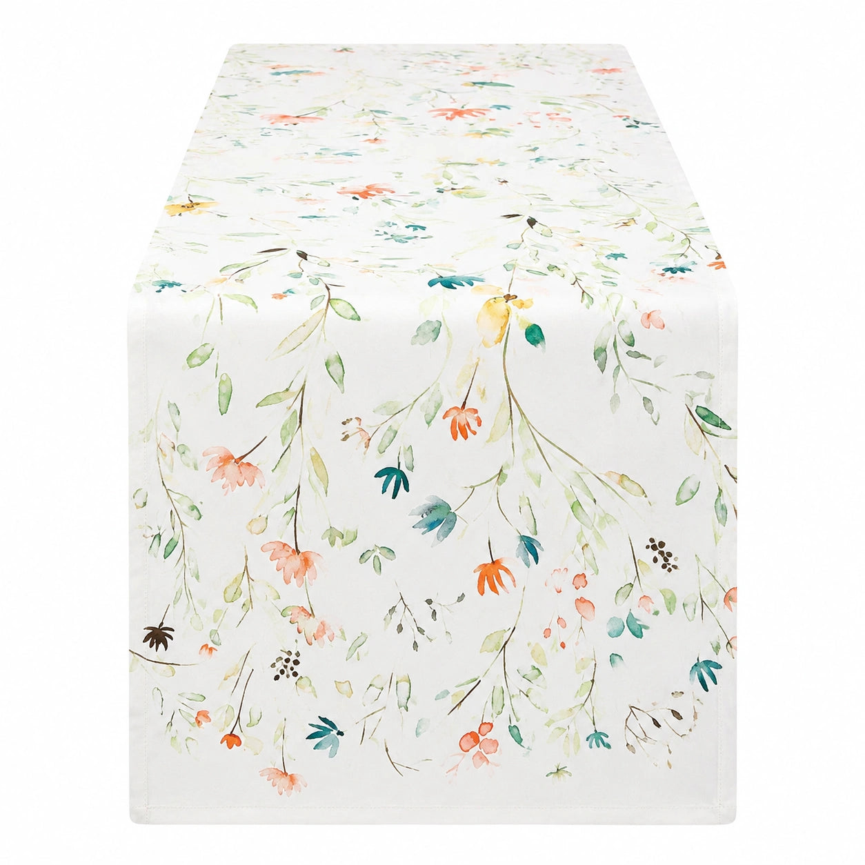 Chemin de table 180 x 40 cm en tissu blanc à motif floral style botanique