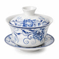 Gaiwan 180 ml en porcelaine blanche et bleue à décor floral avec soucoupe