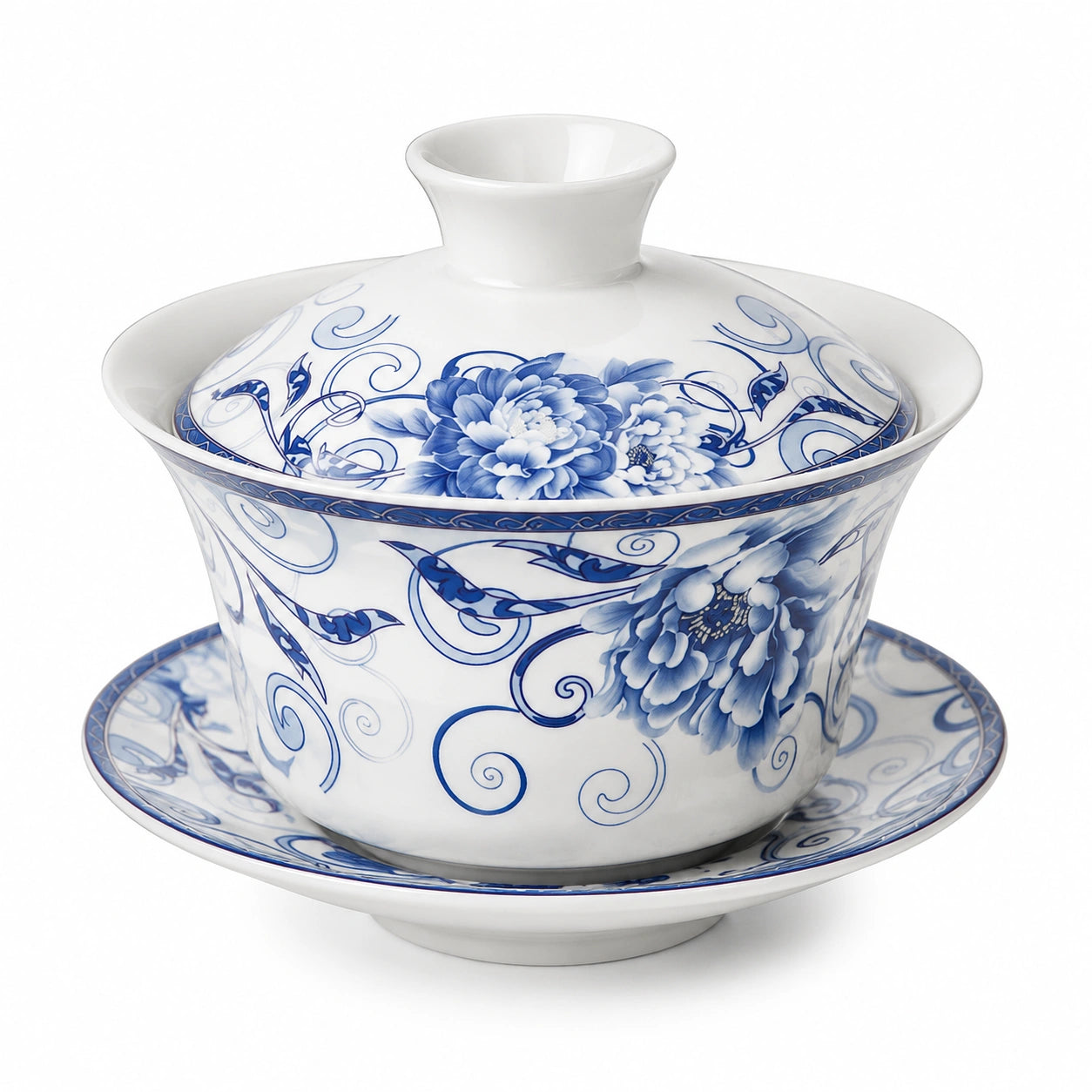 Gaiwan 180 ml en porcelaine blanche et bleue à décor floral avec soucoupe