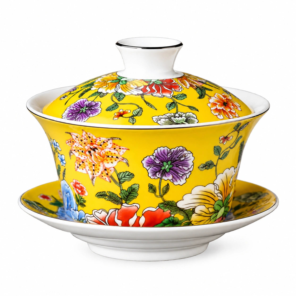Gaiwan en porcelaine 180 ml jaune à décor floral avec couvercle et soucoupe
