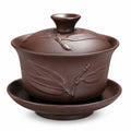 Gaiwan en céramique brun 180 ml avec soucoupe décor végétal
