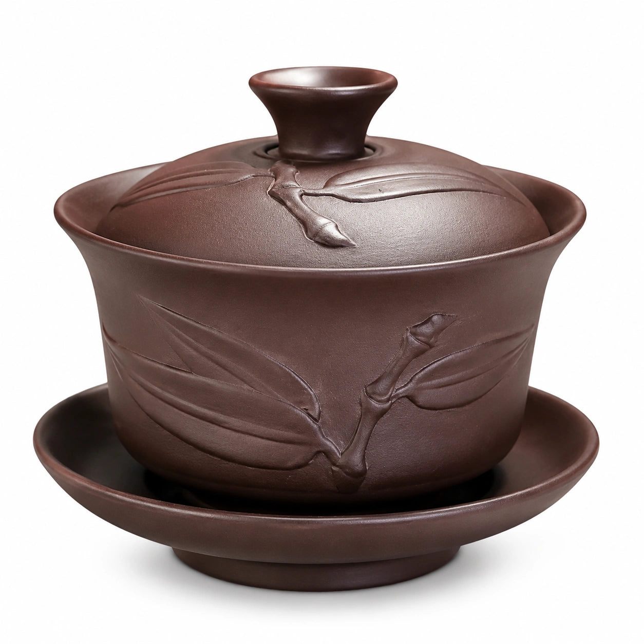 Gaiwan en céramique brun 180 ml avec soucoupe décor végétal