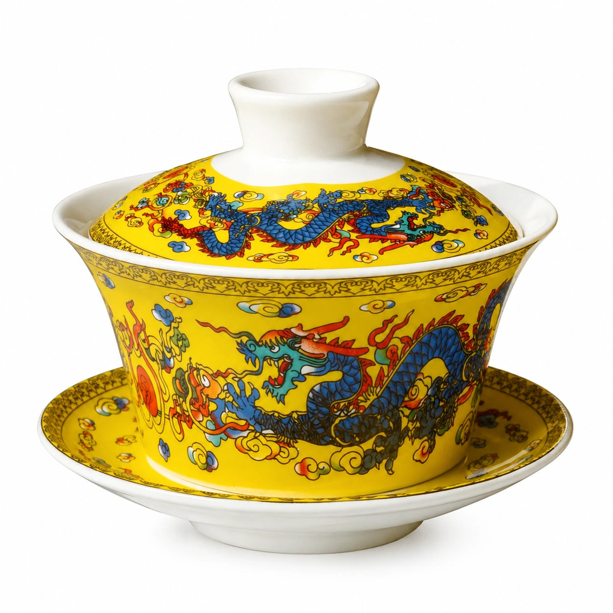 Gaiwan en porcelaine 180 ml jaune à décor dragon avec couvercle et soucoupe