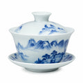 Gaiwan 150 ml diamètre 10 cm en porcelaine blanche et bleue avec couvercle pour thé style paysage