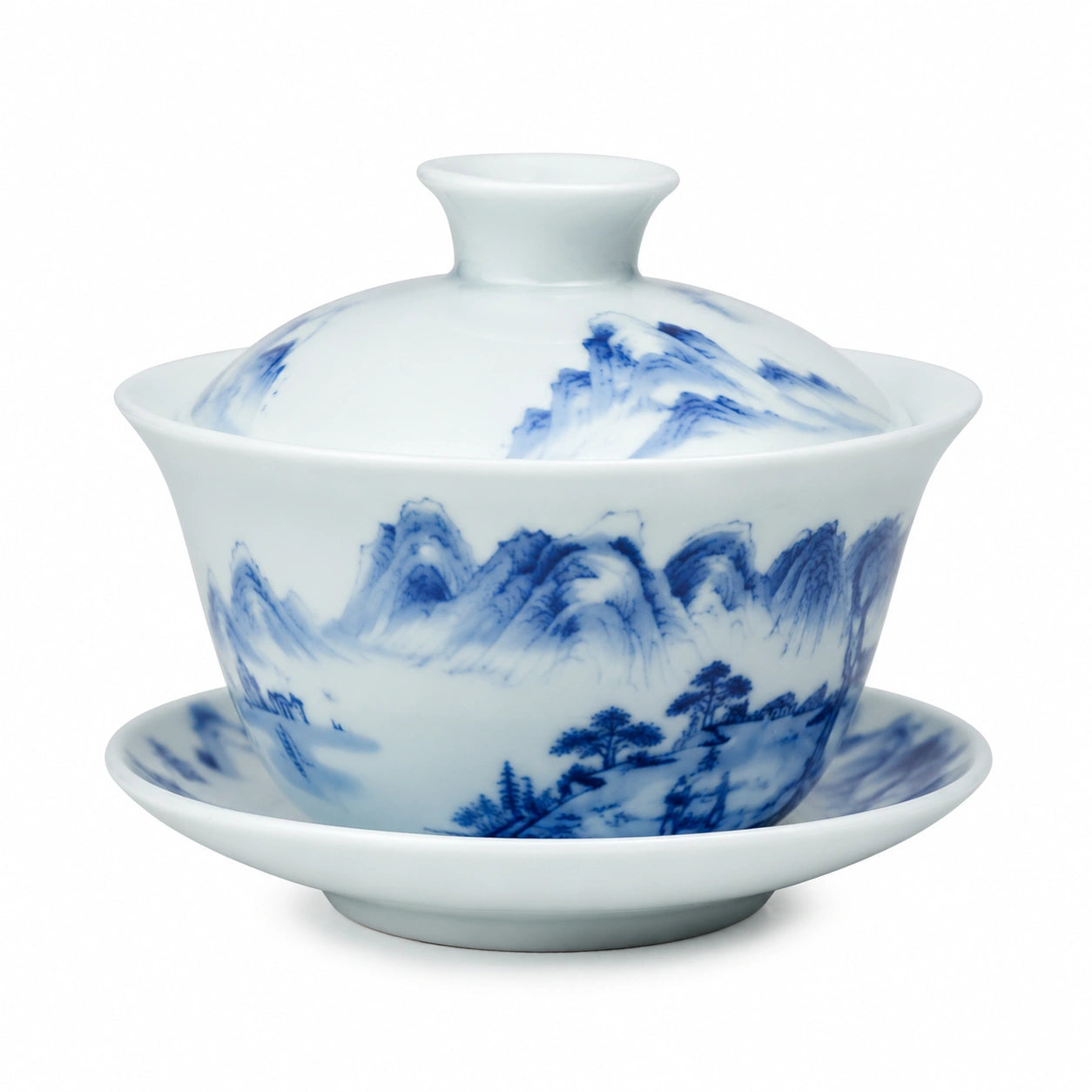 Gaiwan 150 ml diamètre 10 cm en porcelaine blanche et bleue avec couvercle pour thé style paysage