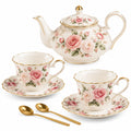 Service à thé en céramique 2 personnes motif roses crème et rose style floral avec théière 1200 ml