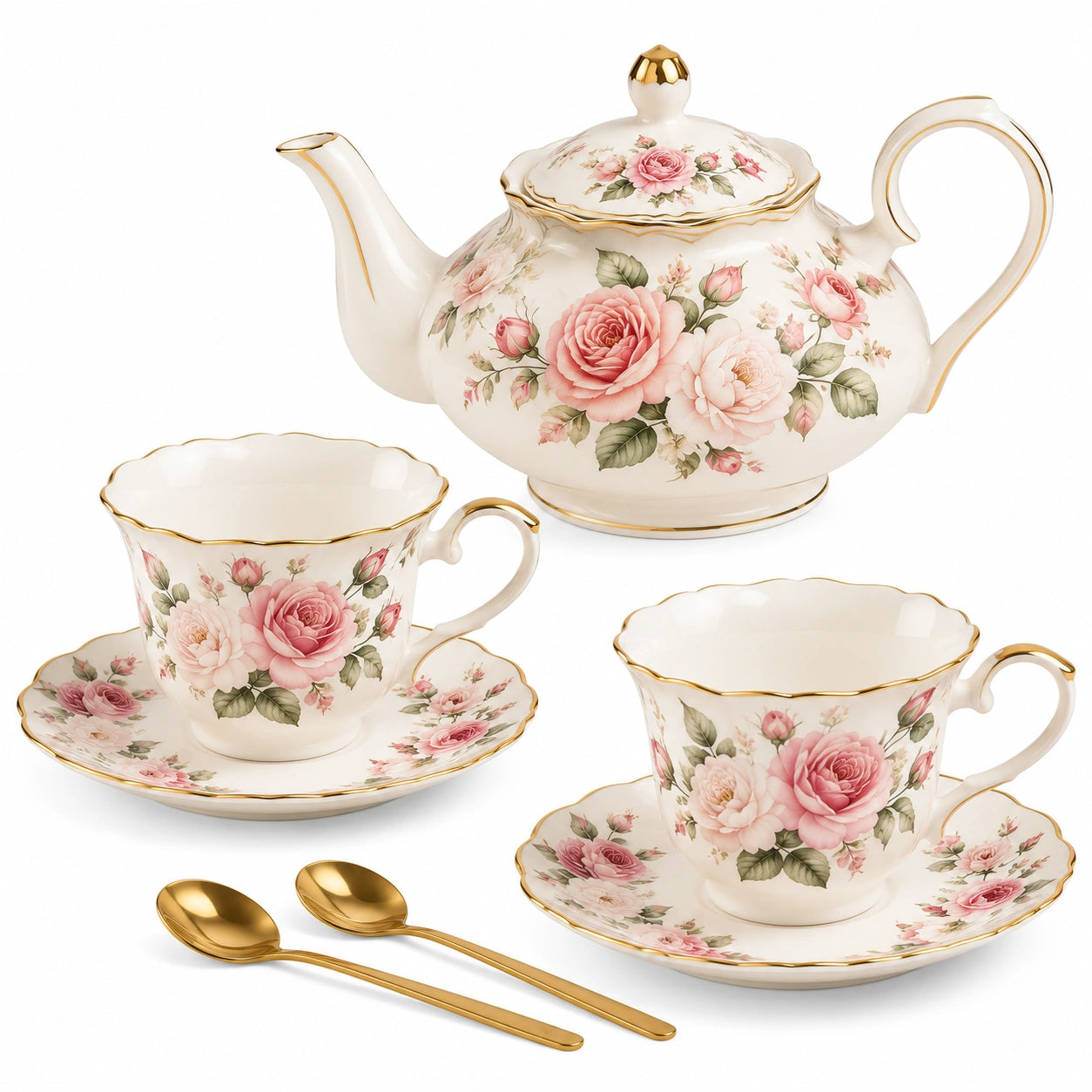 Service à thé en céramique 2 personnes motif roses crème et rose style floral avec théière 1200 ml