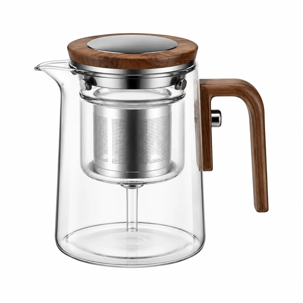 Théière 1000 ml en verre transparent avec filtre inox et poignée bois